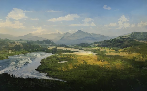 Dağların, yaz doğasının, Mystic Vadisi oyununun fantastik destansı büyülü manzarası RPG Arka planı