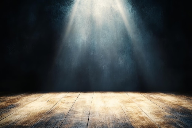 Dark wooden floor illuminated by spotlight beams in a smoky room