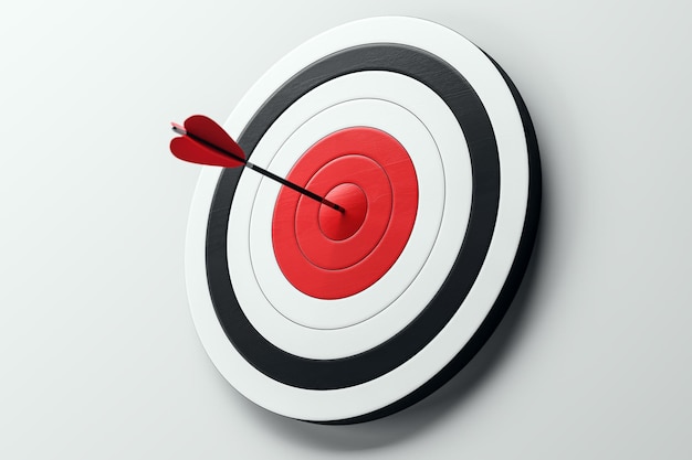 dart hitting the bullseye on a black white and red dartboard on a white wall 3d rendering