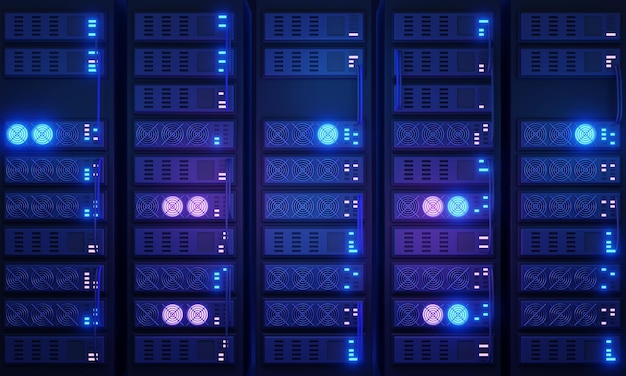 Data center 3D concept illustration Cluster of powerful servers