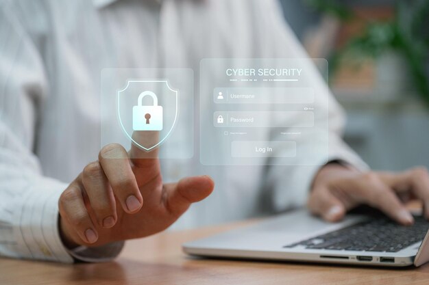 Data protection using cybersecurity and privacy concepts The user is inputting personal password and username to protect private information data encryption with a padlock icon