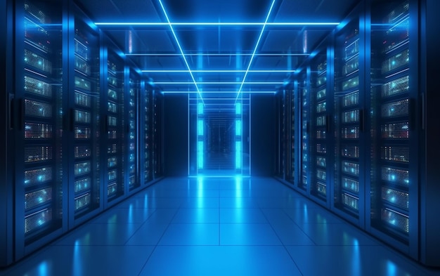 Data server racks hub room with big data computer center blue interior for hosting storage hardware
