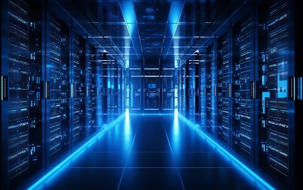 Data server racks hub room with big data computer center blue interior for hosting storage hardware