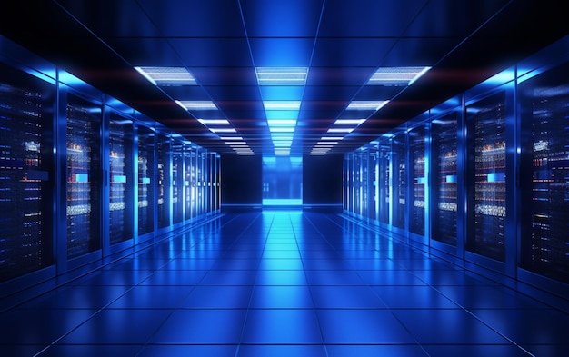 Data server racks hub room with big data computer center blue interior for hosting storage hardware