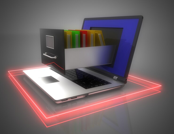 Fotoğraf data storage. laptop and file cabinet. 3d illustration
