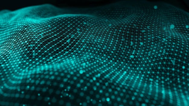 Data technology illustration Abstract futuristic background Wave with connecting dots and lines on dark background Wave of particles