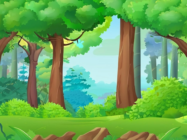Deep dark forest with ancient trees and green leavesforest scene with virous forest trees