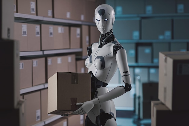 Depoda kutu taşıyan insansı AI robotu