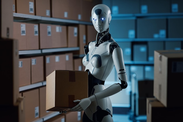Depoda kutu taşıyan insansı AI robotu