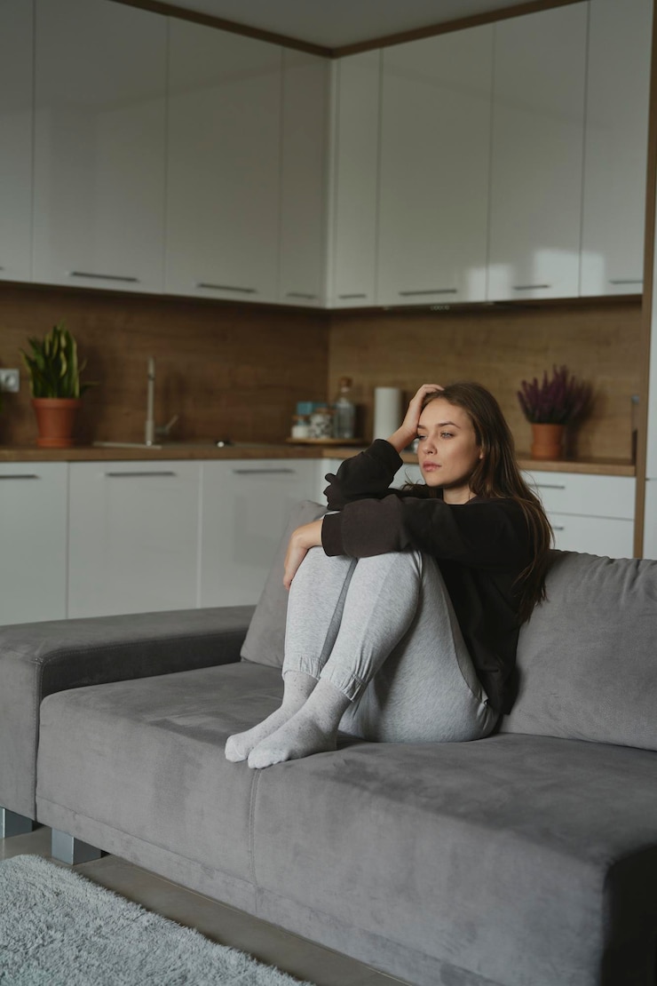 Fotoğraf depresyonda olan kafkas kederli kadın kanepede oturuyor