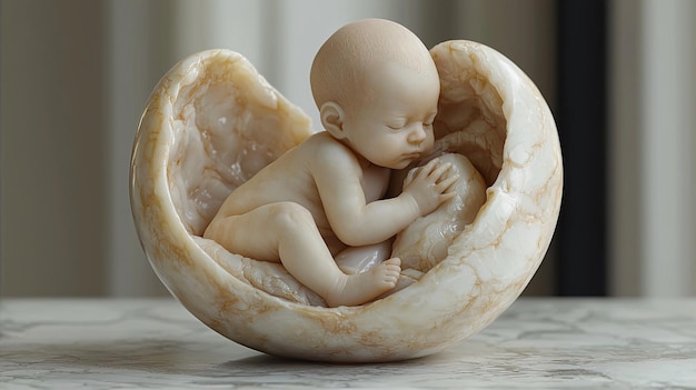 Design a 3D model of a fetus at full term displaying the readiness for birth