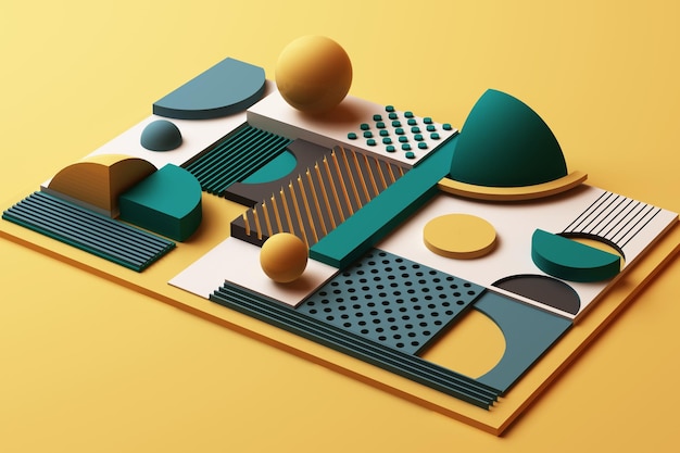 Design with composition of geometric shapes in yellow and green tone 3d rendering illustration