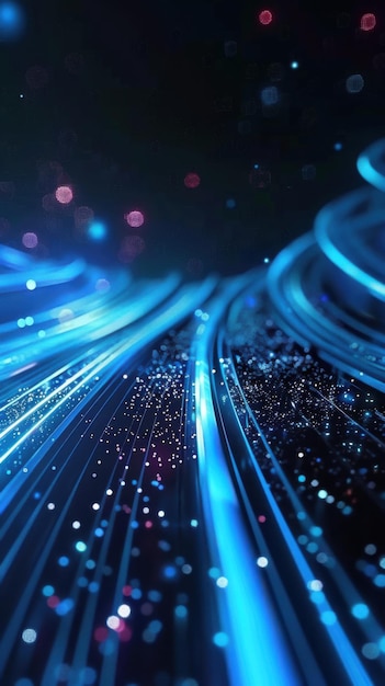 Digital background featuring blue glowing data stream light streaks and holographic elements on blac