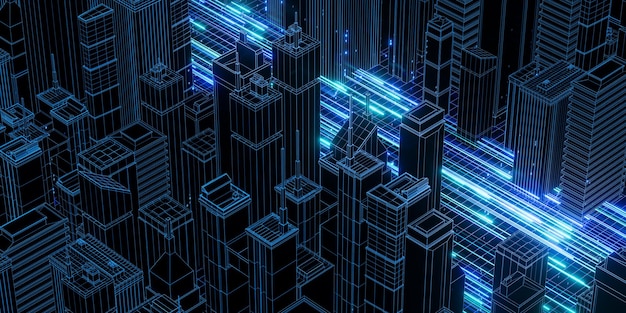 Digital Cityscape with Neon Binary Code