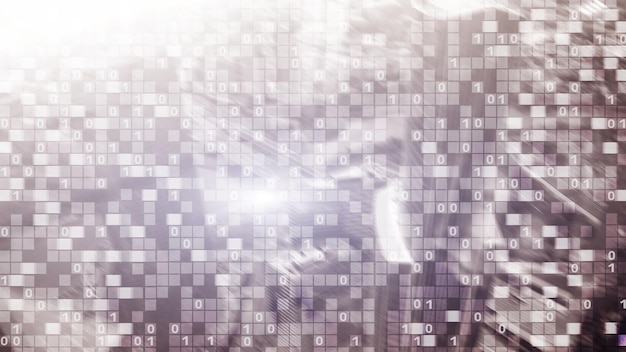 Digital code illustration on blur city background Abstract Binary code