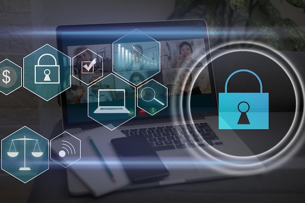 digital cybersecurity and network protection concept. virtual locking mechanism to access shared resources. interactive virtual control screen with padlock. laptop on background