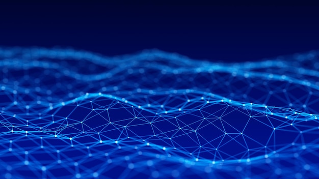Digital dynamic wave Abstract futuristic blue background with dots and lines Big data visualization 3D rendering