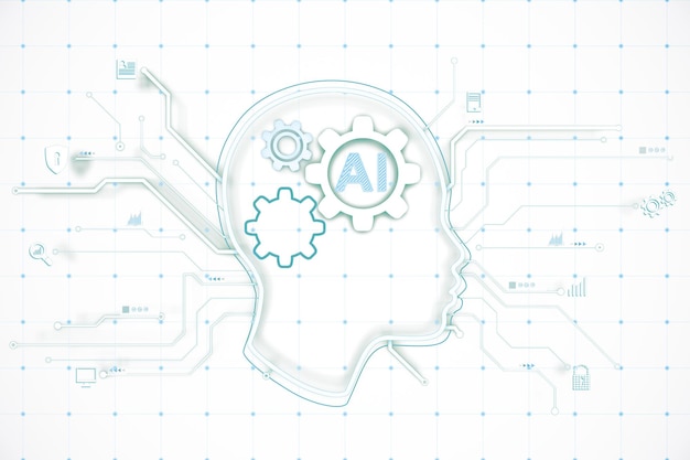 Digital head silhouette with AI gear icons and network connections on white background 3D Rendering