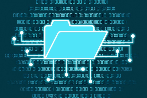 Digital illustration of a data file with a binary code background