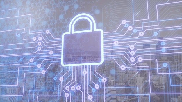 Digital lock icon and city background, concept of data security