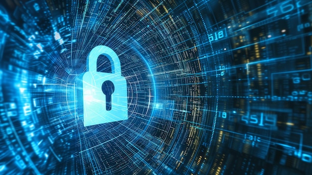 Digital padlock symbolizing cybersecurity within a blue abstract data tunnel