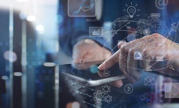 Digital technology IoT Internet of Things concept Woman using mobile smart phone data analysis with global business blue abstract background futuristic technology and big data