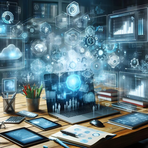 Digital Workspace Abstract Office Elements Evolving into Productive Work Environments 1