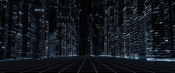 Dijital sanal meta evren şehri. Hologram tarzı bina kuleleri