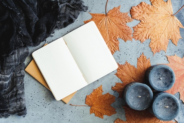 Directly above shot of books with candles and autumn leaves on table