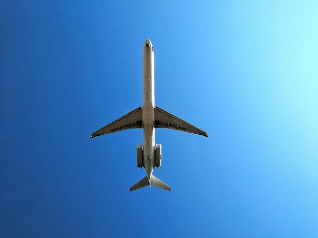 Directly below shot of airplane against clear blue sky