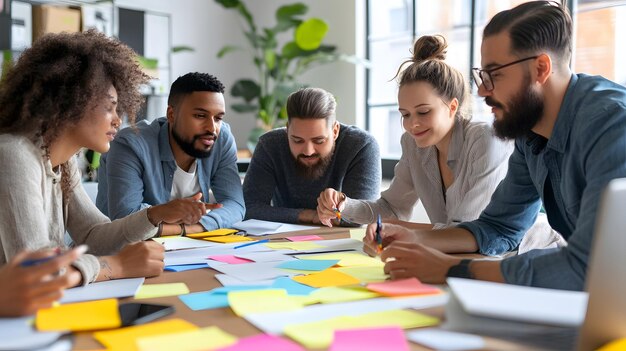 Diverse Team Collaborating on Project with Sticky Notes