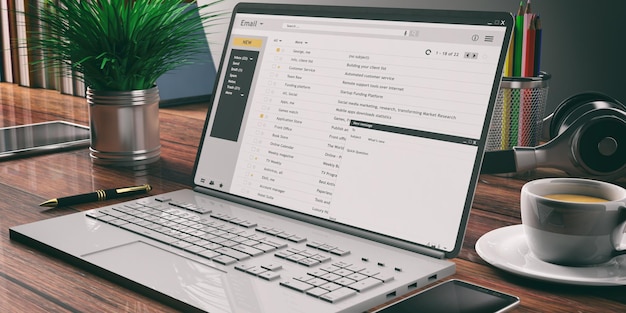 Dizüstü bilgisayar ekranında e-postalar, ahşap masa ofis arka planı 3D render
