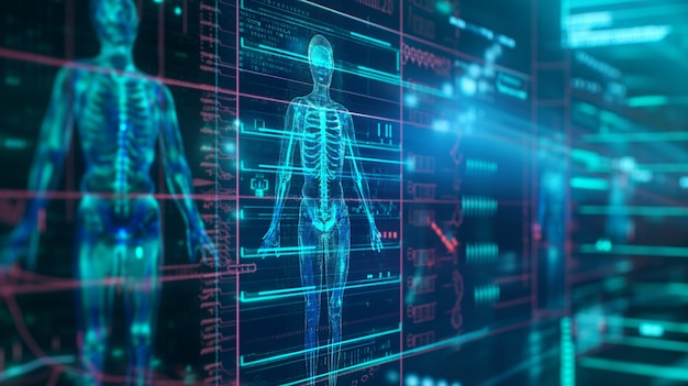 DNA medical screen hologram science hud data analysis body research background