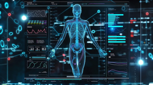 DNA medical screen hologram science hud data analysis body research background