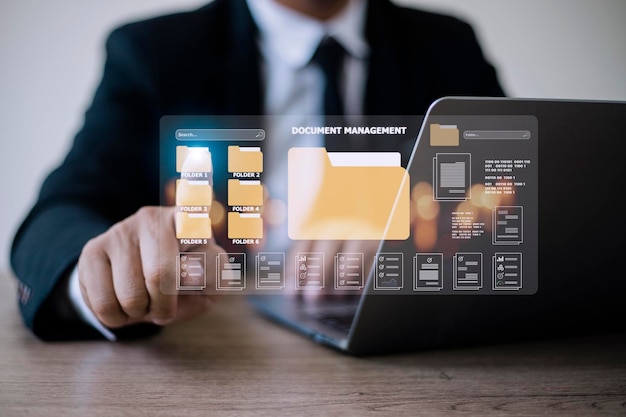 Document management concept Virtual screen icons Document Management System DMS Online document database software for efficient archiving searching and management of company files and data