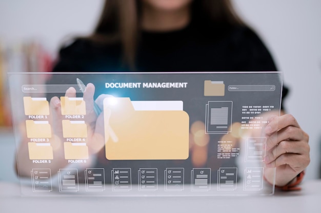 Document management concept Virtual screen icons Document Management System DMS Online document database software for efficient archiving searching and management of company files and data