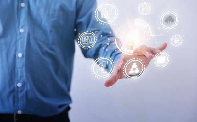 Document management system concept Businessman touching on document icon corporate data management system Business Technology Internet and network