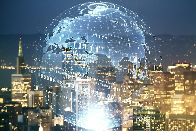 double exposure of abstract creative programming illustration and world map on san francisco office buildings background big data and blockchain concept