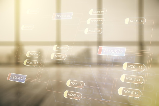 Double exposure of abstract creative programming illustration on empty room interior background big data and blockchain concept