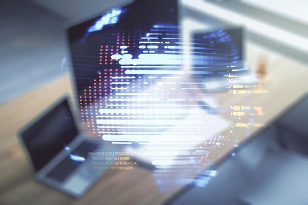 Double exposure of abstract creative programming illustration with world map and modern desk with computer on background big data and blockchain concept