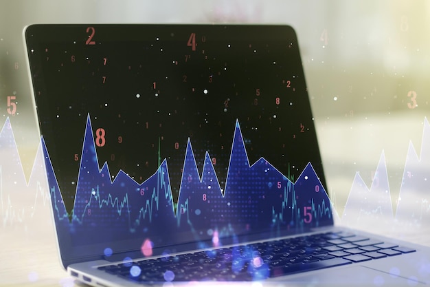 double exposure of abstract creative statistics data hologram on computer background analytics and forecasting concept