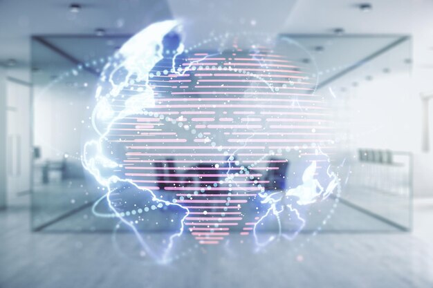 Double exposure of abstract digital world map hologram with connections on a modern furnished office interior background big data and blockchain concept