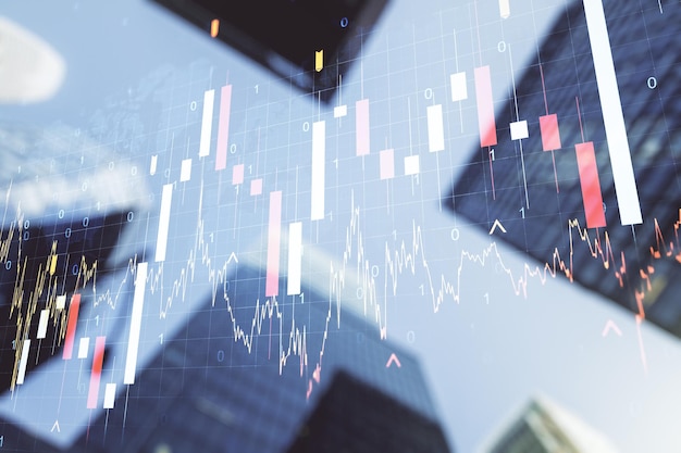 Double exposure of abstract financial chart with world map on office buildings background research and analytics concept