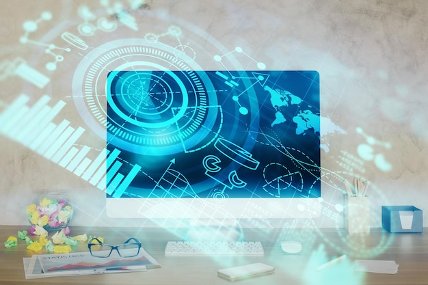 Double exposure of business theme icons and work space with computer background Concept of success