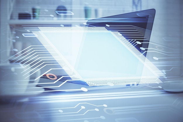 double exposure of computer and technology theme hud concept of innovation