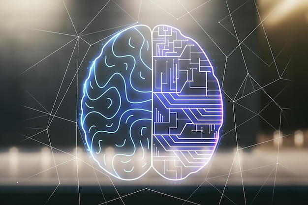 Double exposure of creative human brain microcircuit hologram on contemporary business center exterior background Future technology and AI concept