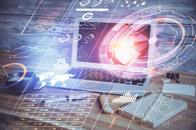 Double exposure of desktop with personal computer on background and tech theme drawing Concept of Bigdata