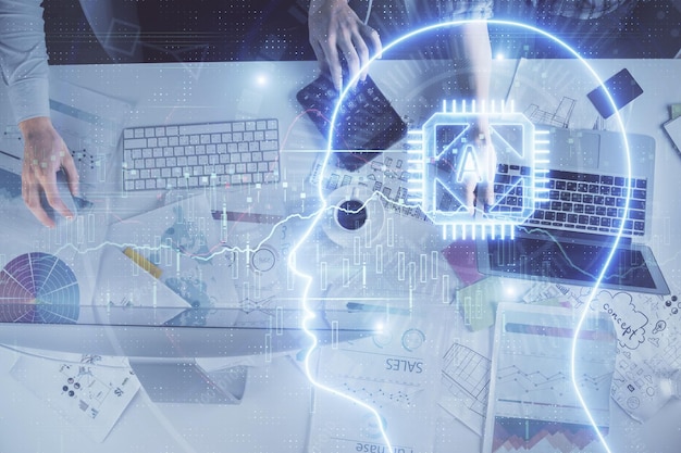 double exposure of man and woman working together and brain drawing hologram intellectual brainstorming concept computer background