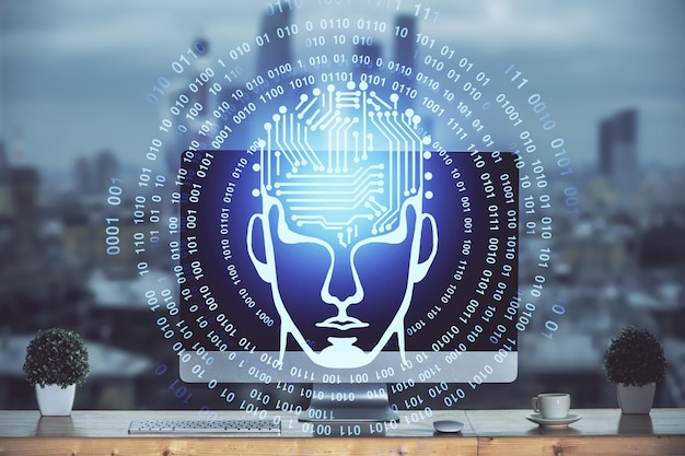 Double exposure of table with computer and brain hologram Data innovation concept