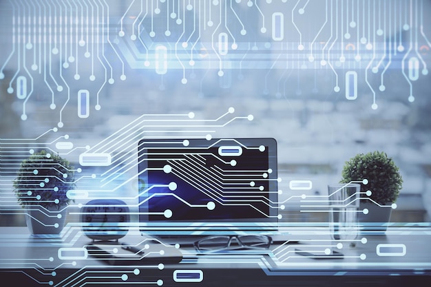 double exposure of table with computer on background and data theme drawing concept of innovation